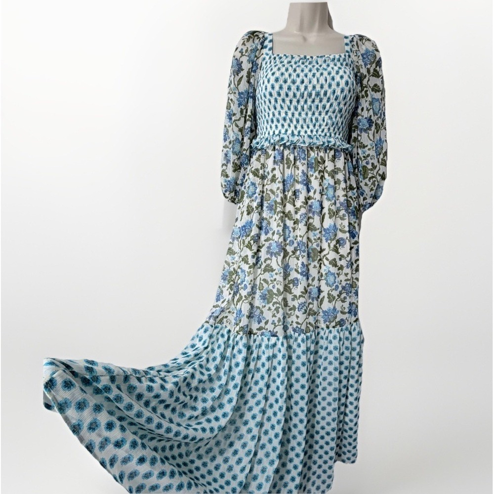 Cottagecore Tiered Maxi Dress Blue Floral Smocked Puff Sleeve Sz 2 Patchwork